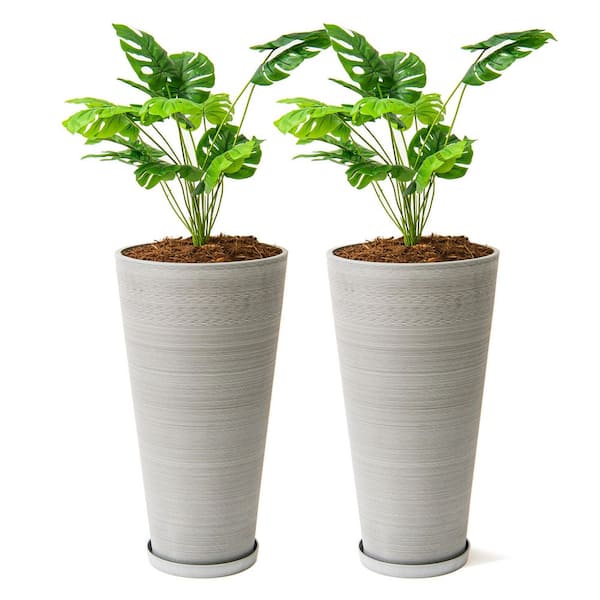 Modern 28 in. Gray Round Planter (Set of 2) Tapered Plastic Design for Indoor & Outdoor Use, Perfect for Patio Decor
