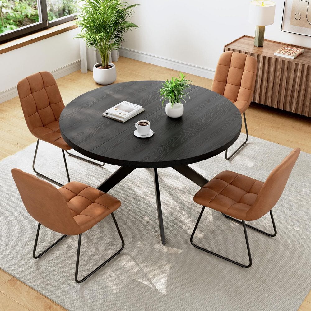 5-Piece Set Chairs and Black Round Dining Table, Dining Table Set, Dining Room Set with 4 Brown Chairs