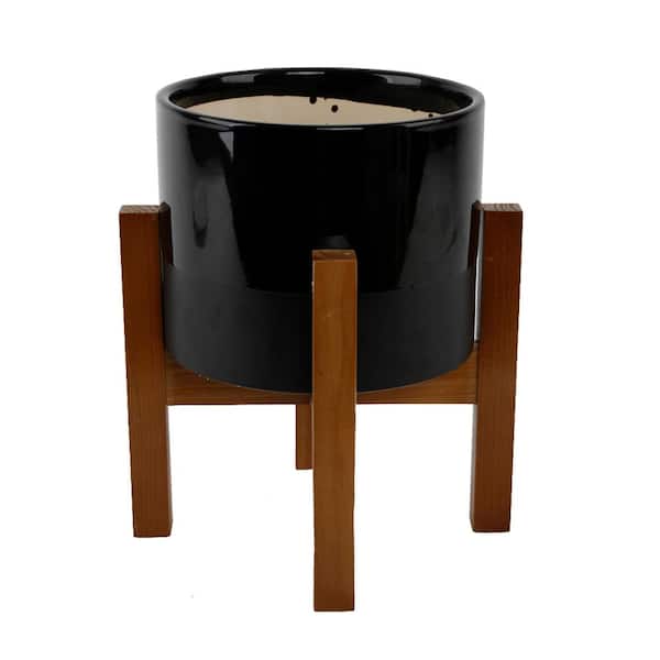 Flora Bunda 8 in. Large 2 Tone Ceramic Pot On Wood Stand