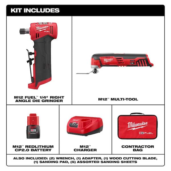 M12 FUEL 12V Lithium-Ion 1/4 in. Cordless Right Angle Die Grinder Kit w/M12 Lithium-Ion Cordless Oscillating Multi-Tool