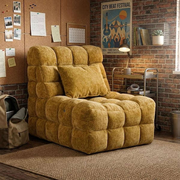 Furniture of America Daniel Yellow Polyester Biscuit Tufting Roller Massage Chair with Lumbar Pillow Included NAC6015YL-MC