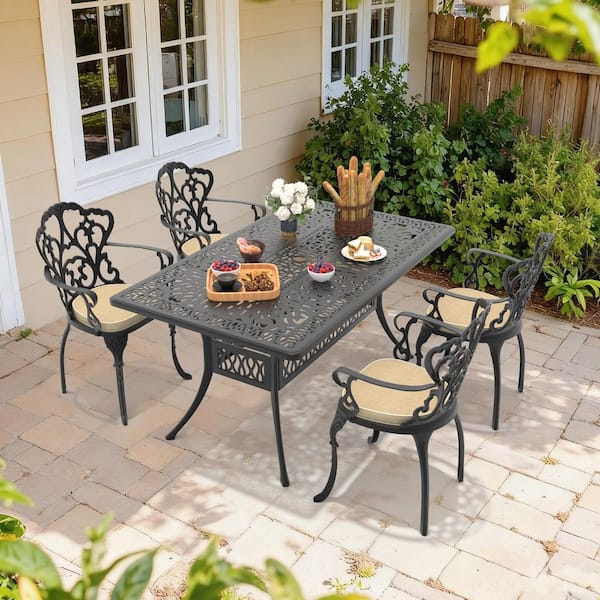 Black 5-Piece Rust-Free Cast Aluminum Outdoor Dining Set with Rectangular Table, 4 Dining Chairs and Off-White Cushions