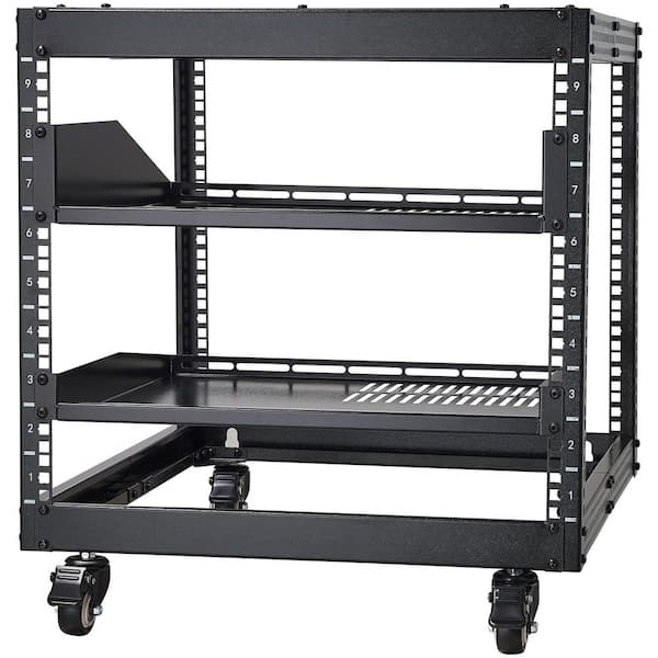 9U Open Frame Server Rack 23 in. Steel Household Shelving Unit in Black Adjustable Depth 1-Tier