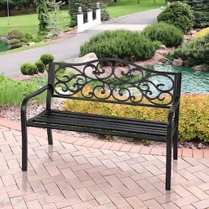 50 in. Metal Outdoor Garden Bench Patio Garden Bench Wave Pattern in Black