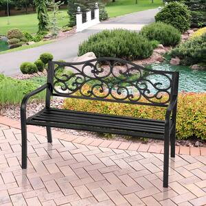 Black 50 in. 2-Person Metal Outdoor Garden Bench Patio Loveseat Chairs ...
