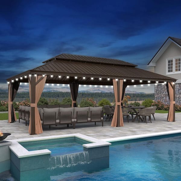 PURPLE LEAF 14 ft. x 24 ft. Bronze Patio Outdoor Gazebo for Backyard Hardtop Aluminum Frame, Hooks, Netting, Khaki Curtain,48-Lights