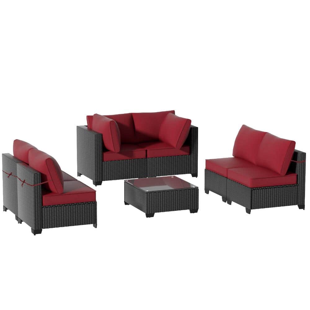 Outdoor 7-Piece Dark Coffee Wicker Sectional Set with Waterproof Red Cushions,Coffee Table & Pillows price history on PriceWatchPro