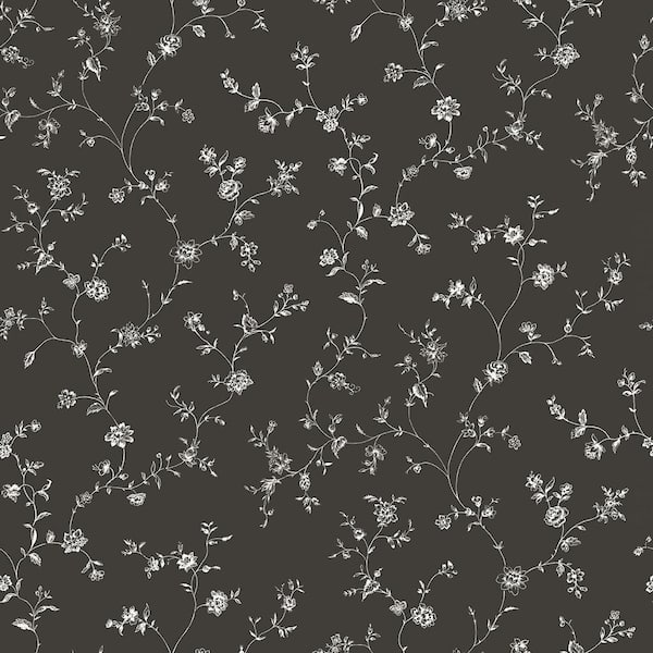 Unbranded Miniatures 2-Black/White Floral Trail Matte Finish Non-Pasted Vinyl on Non-Woven Wallpaper Sample
