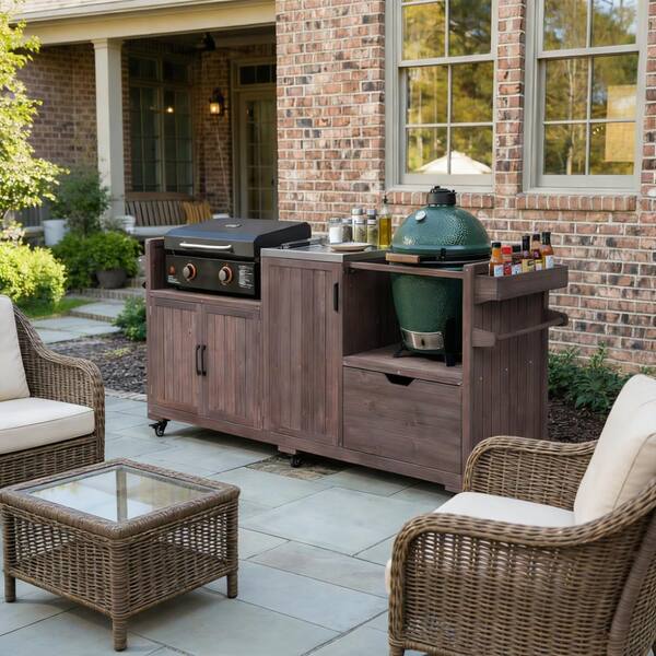 81 x 24 x 35 in. Brown Solid Wood Grill Cart with Stainless Steel