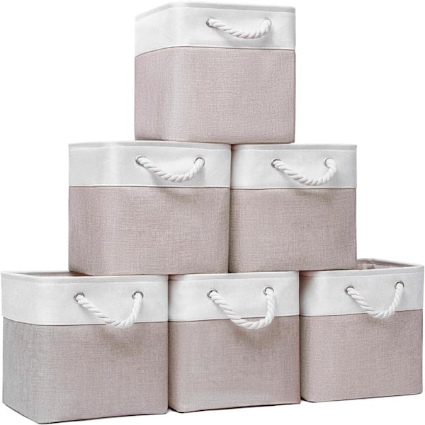 11 in. H x 10.5 in. W x 10.5 in. D  White/Beige Fabric Cube Storage Bin with Handles, Pack of 6