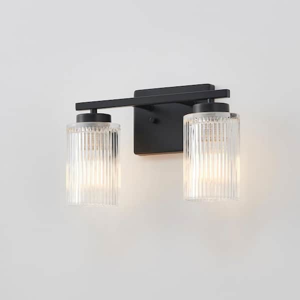13.3 in. 2-Light Painted Black Vanity Light with Clear Ribbed Glass Shade