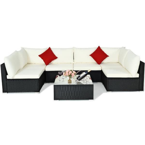 Clihome 7-Piece Wicker Outdoor Patio Conversation Set Sectional Sofa Set with Beige Cushions and Tempered Glass Top Coffee Table