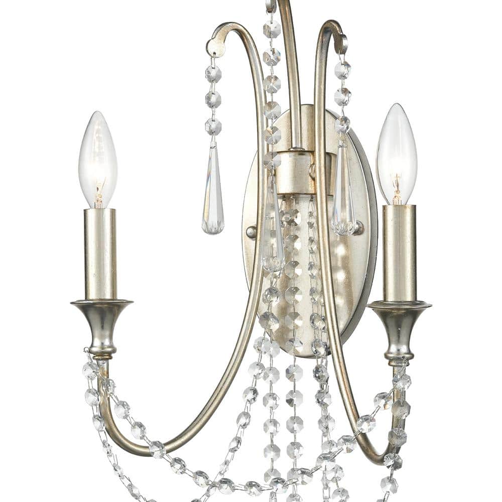 Elegant Antique Silver 2-Light Wall Sconce with Hand Cut Crystal