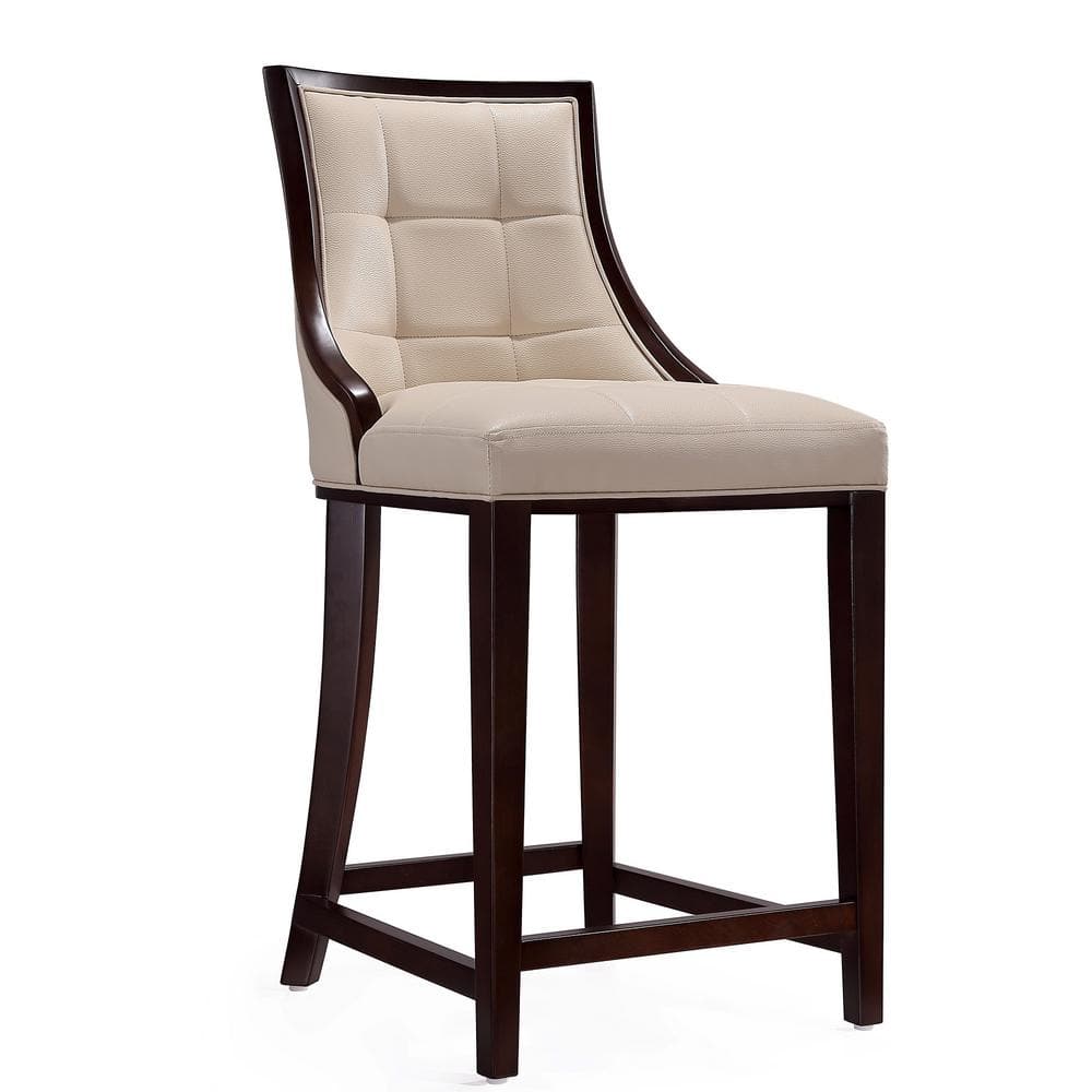 Cream Faux Leather and Dark Walnut Wood Counter Stools, Set of 3