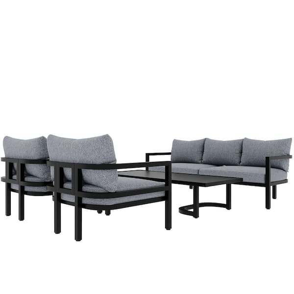 4-Piece Metal Outdoor Sectional Set with Black Cushions