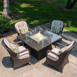 Vulcan Brown 5-Piece Wicker Patio Square Stainless Steel Propane Gas Fire Pit Seating Set with Beige Cushions