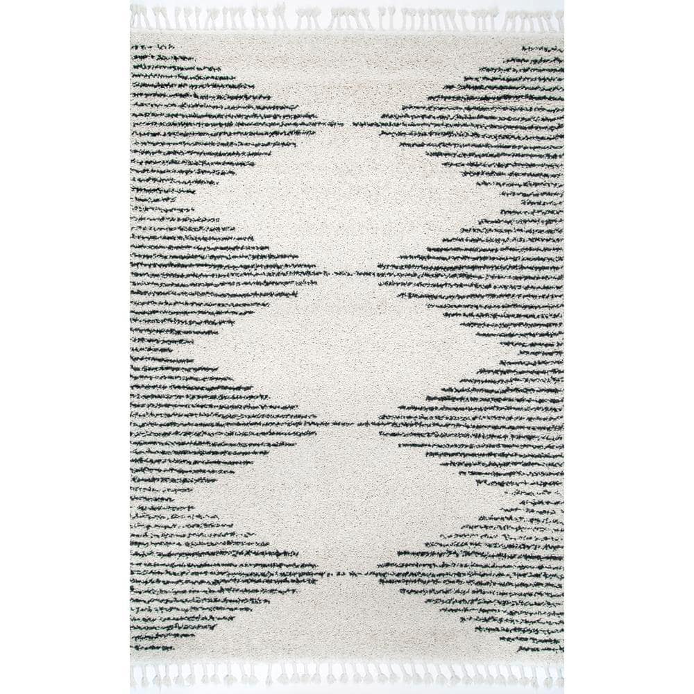 Off-White Synthetic Square Shag Rug with Braided Tassels
