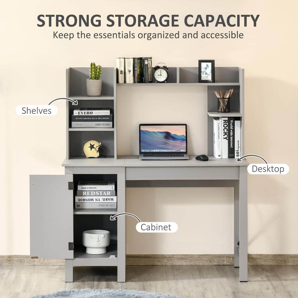 Modern Light Grey Wood Computer Desk with Hutch and Filing Cabinet