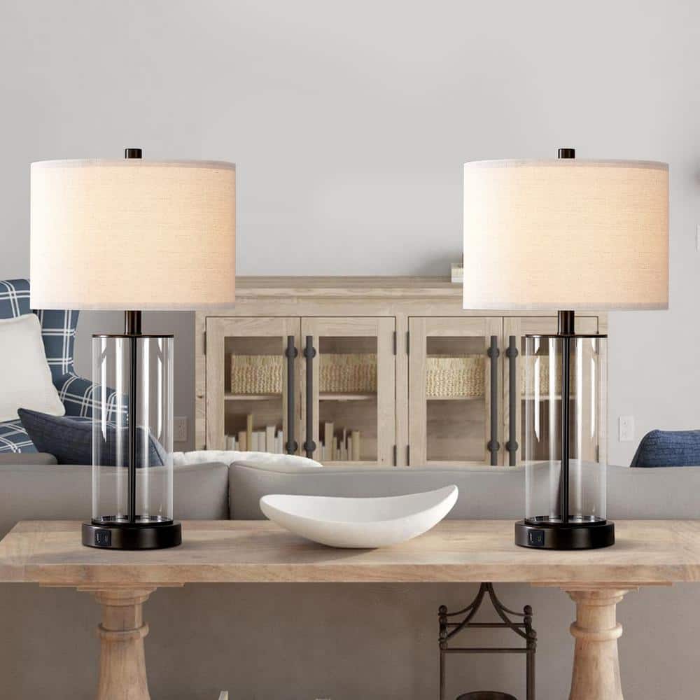Bronze and Clear Glass Touch Control Table Lamp Set with USB Ports