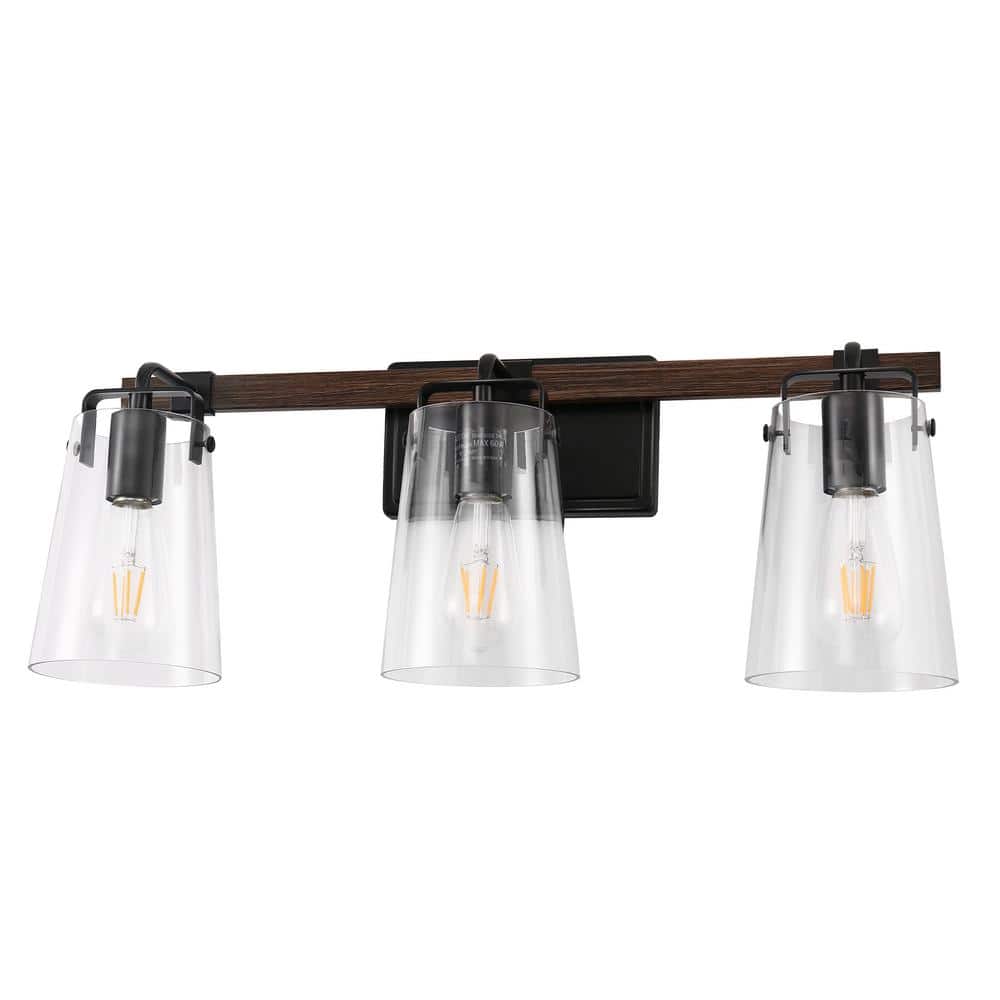 24.1 in. 3-Light Black and Wood Grain Clear Glass Vanity Light with Dimmable No Bulbs Included price history on PriceWatchPro