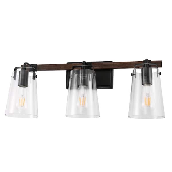 Briignite 24.1 in. 3-Light Black and Wood Grain Clear Glass Vanity Light with Dimmable No Bulbs Included