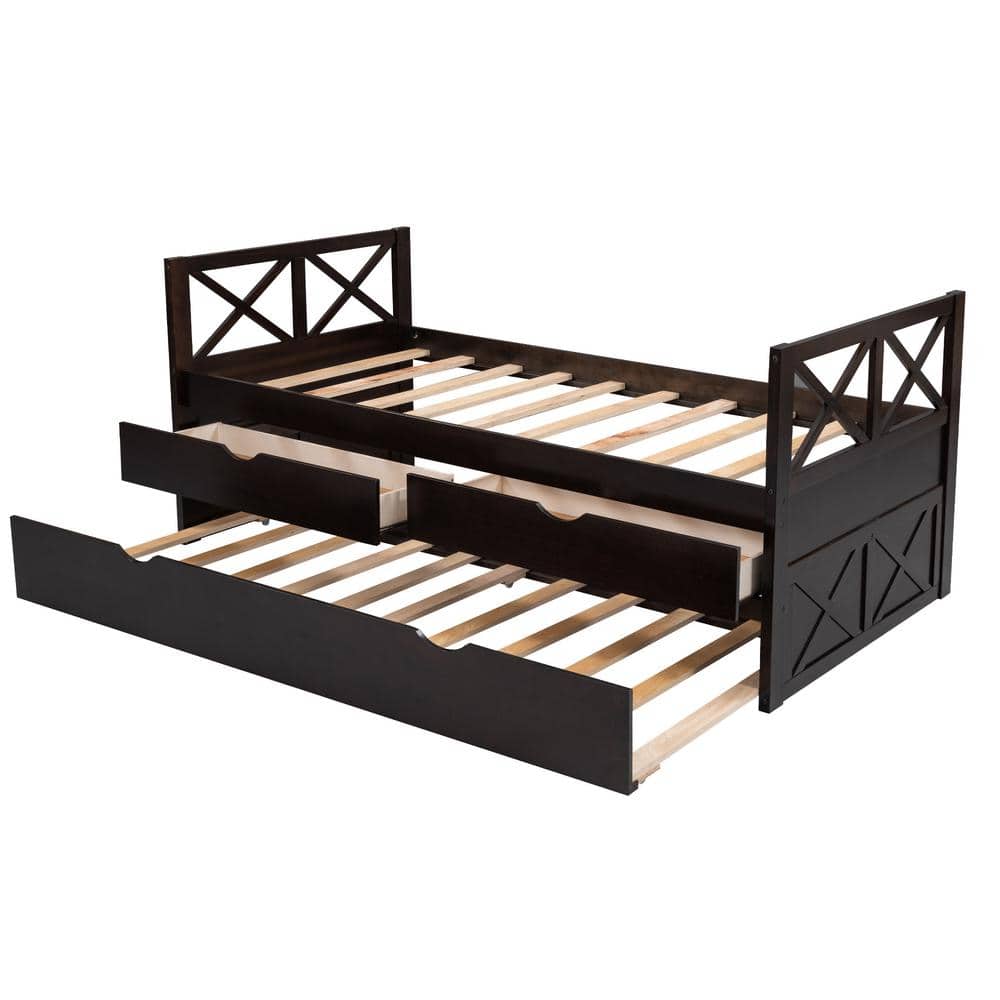 URTR Espresso Twin Daybed with Trundle and Storage Drawers, X-Shaped ...