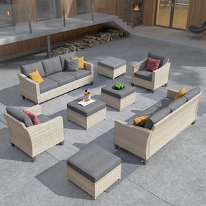 Oconee Beige 8-Piece Beautiful Outdoor Patio Conversation Sofa Seating Set with Dark Grey Cushions