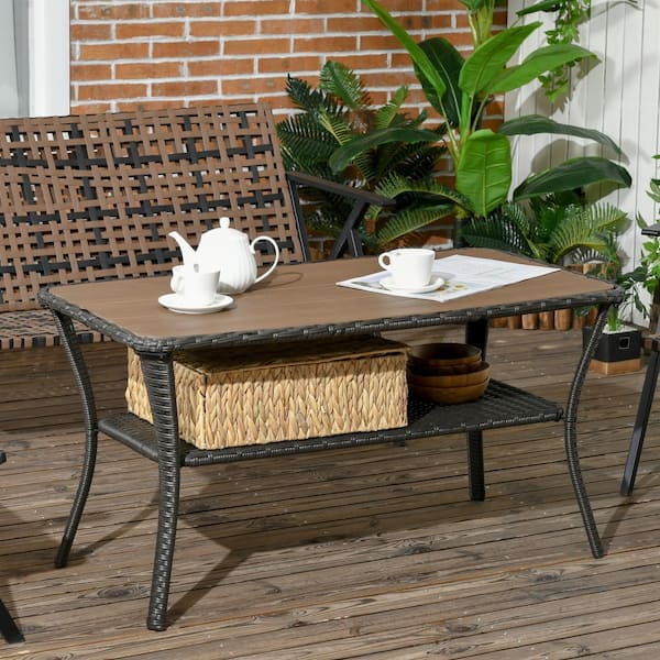 43 in. Brown Rattan Outdoor Dining Table 2-Layer Coffee Table with Storage Shelf