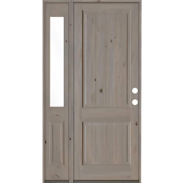 Krosswood Doors 46 in. x 96 in. Rustic Knotty Alder 2 Panel Left-Hand/Inswing Clear Glass Grey Stain Wood Prehung Front Door w/Sidelite