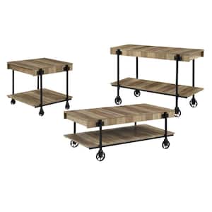 Bargib 3-Piece 47.25 in. Black and Rustic Oak Rectangle Wood Coffee Table Set with Wheels