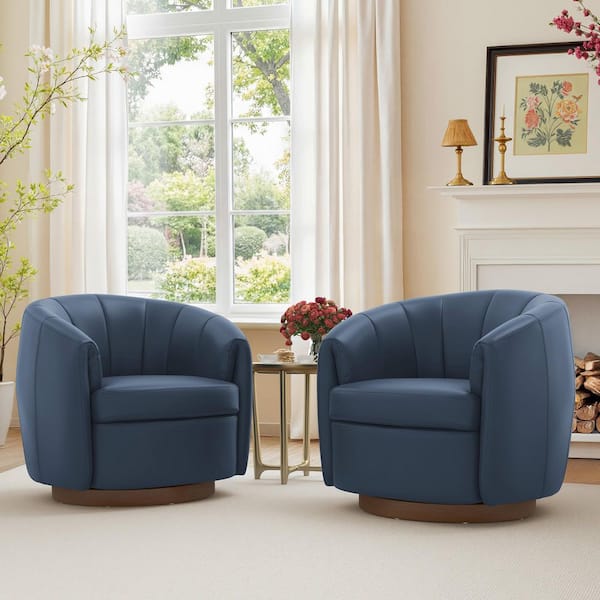 Modern Dark Blue Genuine Leather Swivel Accent Chair 360° Swivel Barrel Chair With Solid Wood Base (Set of 2)