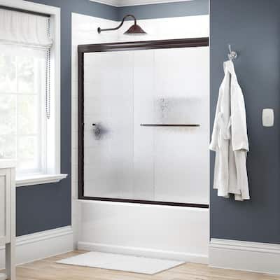 Simplicity 60 in. x 58-1/8 in. Semi-Frameless Traditional Sliding Bathtub Door in Bronze with Rain Glass