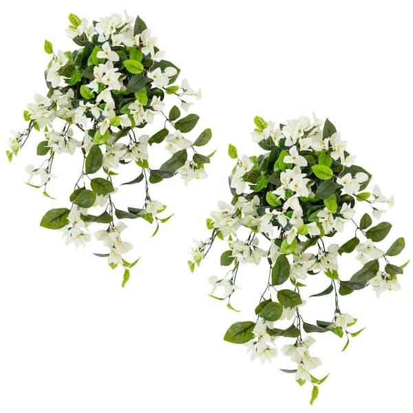 28 in. UV Resistant Artificial Bougainvillea Hanging Plant (Indoor/Outdoor) - (Set of 2), White