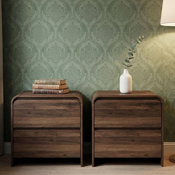 New Classic Furniture Mara 24 in. Walnut Rectangular Wood Top End Table with Two Drawers (Set of 2)