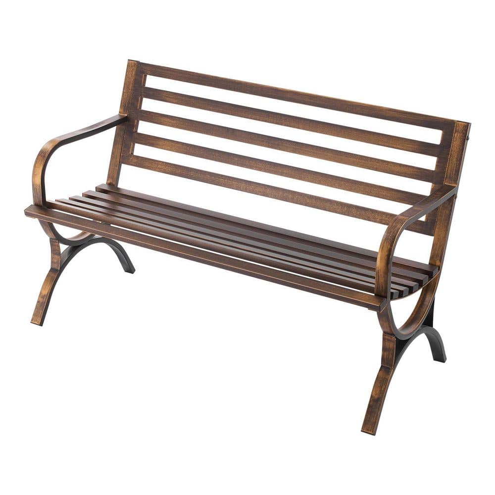 Wooden slatted patio bench in a garden setting.