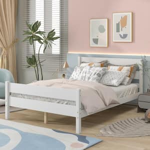Modern White Wood Frame Full Size Platform Bed with Headboard and Footboard, Slat Support Legs