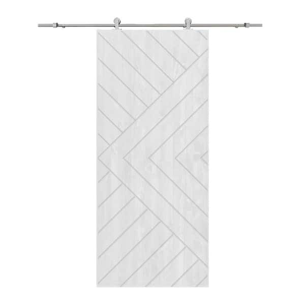 CALHOME Chevron Arrow 34 in. x 84 in. Fully Assembled White Stained Wood Modern Sliding Barn Door with Hardware Kit