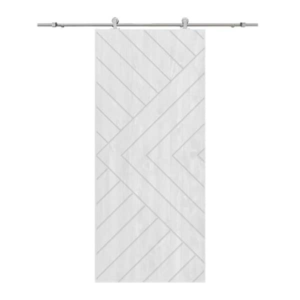 CALHOME Chevron Arrow 42 in. x 96 in. Fully Assembled White Stained Wood Modern Sliding Barn Door with Hardware Kit