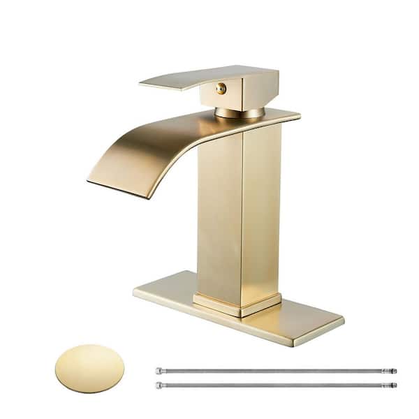 Waterfall Single Handle Single Hole Low-Arc Bathroom Faucet Drip-Free Vanity Sink Faucet with Drain Kit in Brushed Gold