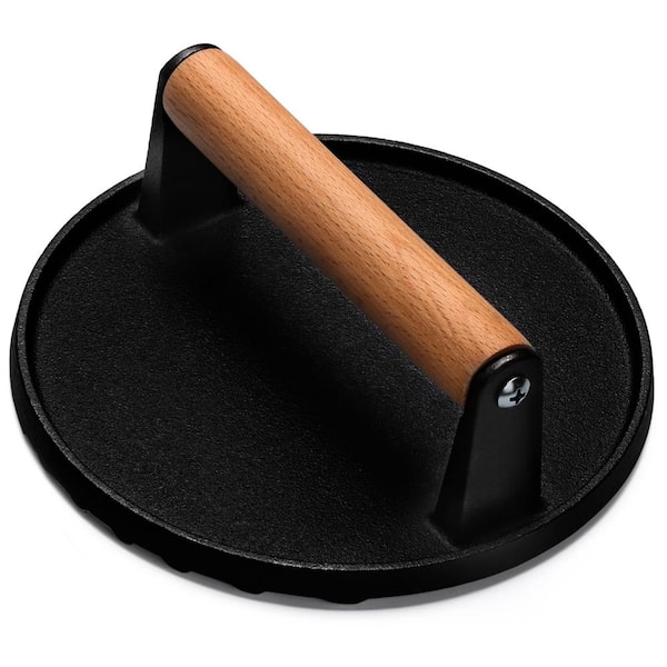 7 In Round Heavy-Duty Cast Iron Smash Burger Press and Bacon Press with Wood Handle for Griddle and Grill