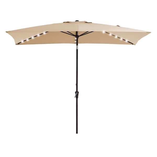 JEAREY 6.5 x 10 ft. Market Solar LED Lighted Tilt Patio Umbrella Rectangular Outdoor Umbrella in Beige