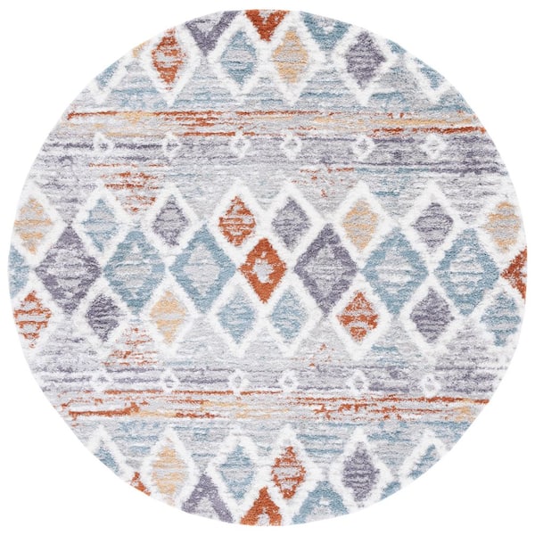 Berber Shag 10 ft. x 10 ft. Blue Rust/Ivory Diamond Striped Round Area Rug