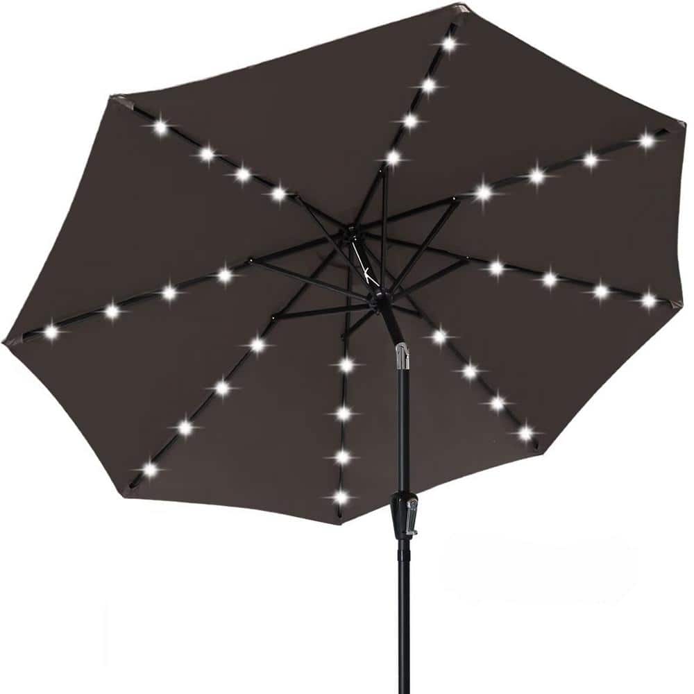 9 ft. Aluminum Pole Market Solar Push Button Tilt Patio Umbrella in Brown