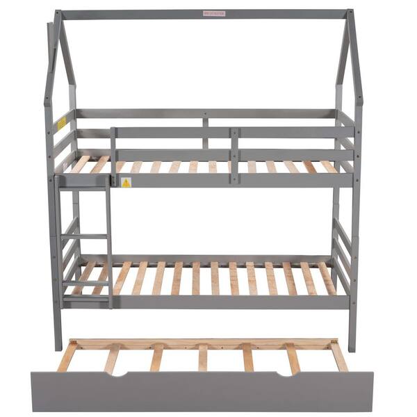 ATHMILE Gray Twin Over Twin House Bunk Bed with Trundle and Chimney Design