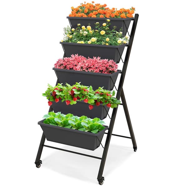 HONEY JOY 5-Layer Plastic Vertical Raised Garden Bed with Wheels Drainage Holes Freestanding Planter with Container Boxes