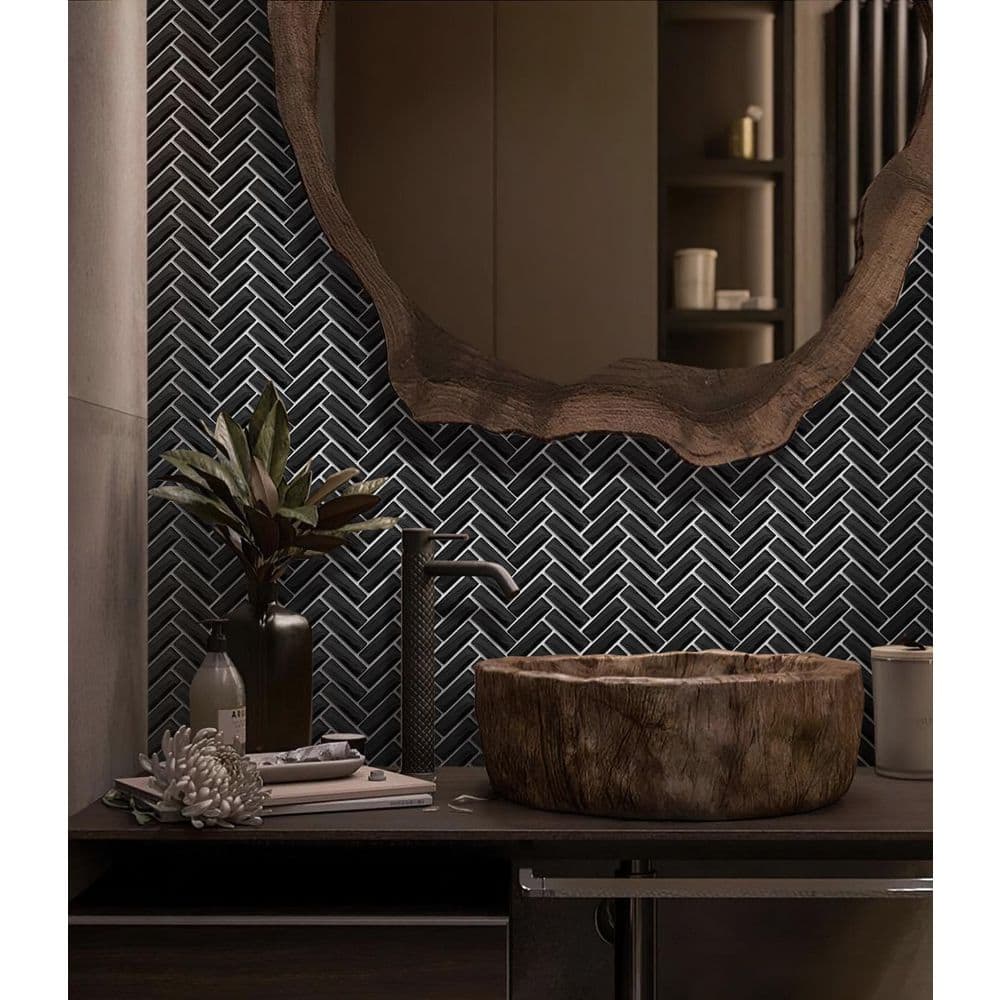 Black Herringbone Polished Glass Mosaic Tile for Walls
