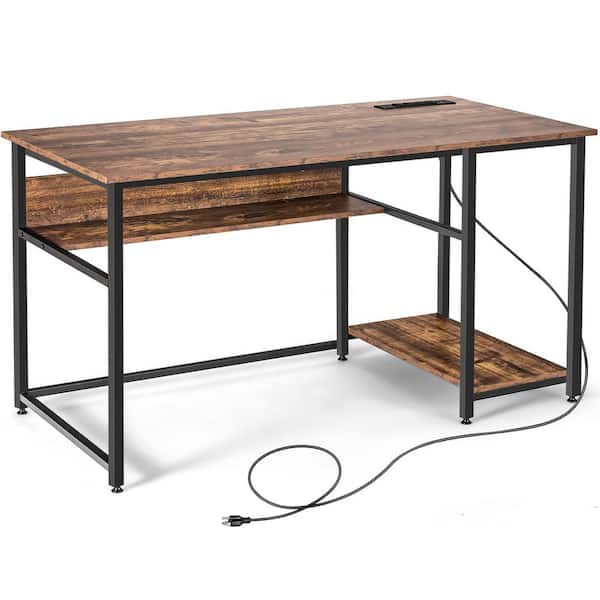 Gymax 55 in. W Computer Desk Home PC Workstation w/Power Outlets USB Ports Rustic GYM09461 - The Home