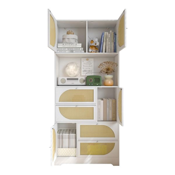 Tatayosi 11.8 in. W x 31.5 in. D x 71 in. H White Storage Cabinet with Rattan Doors, Pantry Hutch Cabinet Ready to Assemble
