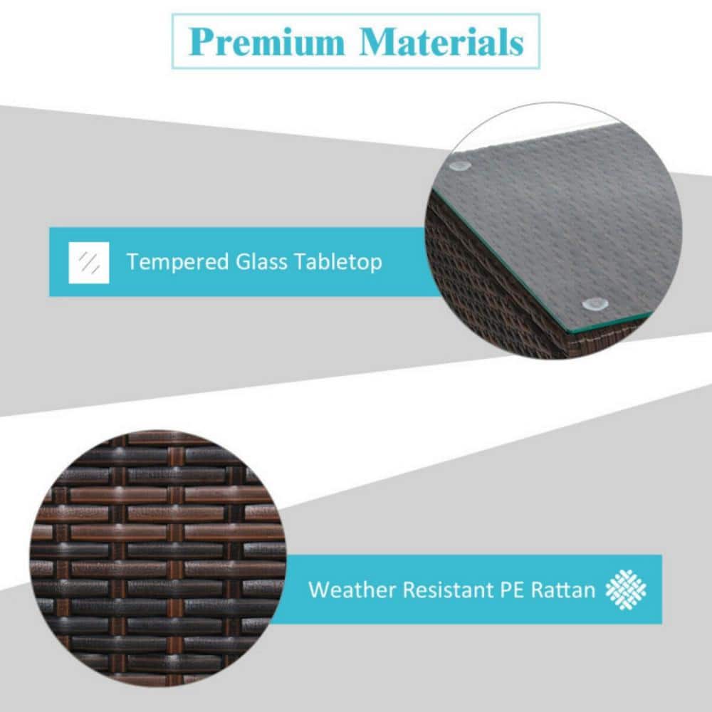 Close-up of the tempered glass tabletop and weather-resistant PE rattan material.