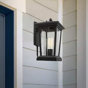 1-Light Black LED Outdoor Wall Lantern Sconce with Seeded Glass